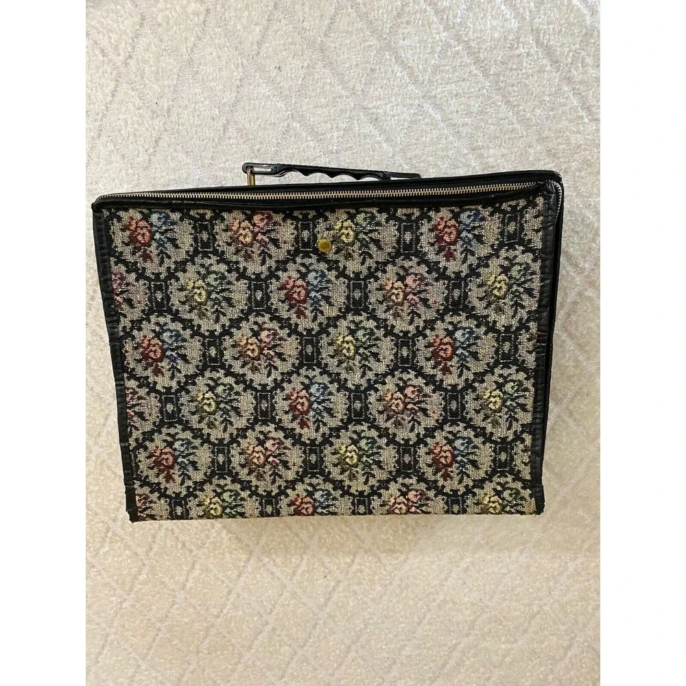Vintage 60s Tapestry Floral All Over Woven Zipped Suitcase Luggage 14 By 11 Inch